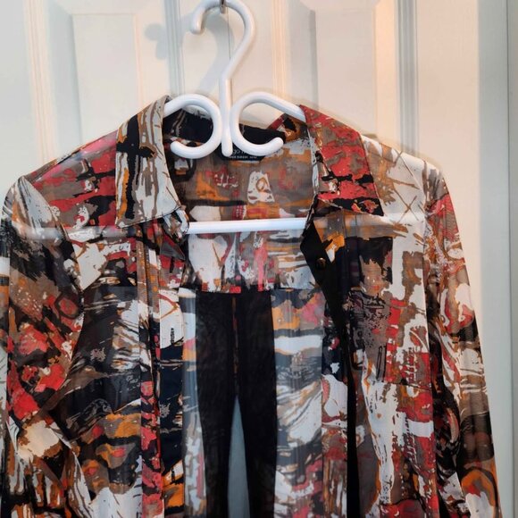 [M] Tango‎ Mango Buttoned Blouse Women's Medium semi-sheer chiffon autumn tones - Picture 5 of 9